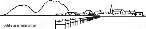 Vector Outline Panorama of Coastal Town with Pier and Mountains in Background