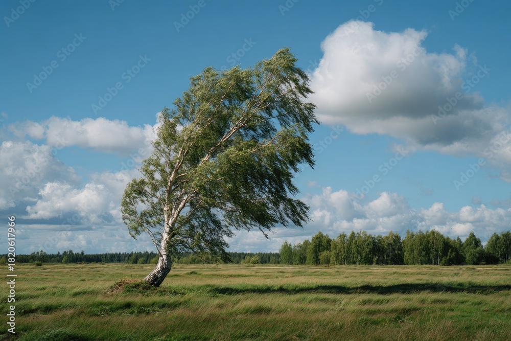 Fototapeta premium A birch tree is bent by wind under a sky with fluffy clouds in a grassy field