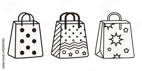 Three decorative shopping bags with different patterns are displayed against a white background.
