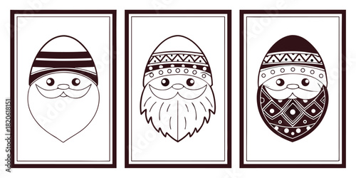 Three framed illustrations of cartoon Santa Claus faces with patterned hats and beards.