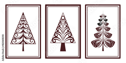 Three framed artworks display stylized Christmas trees with intricate patterns.