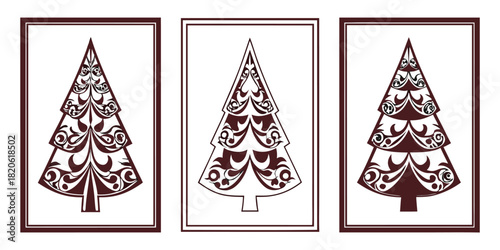 Three framed decorative Christmas trees in a row on a white background.