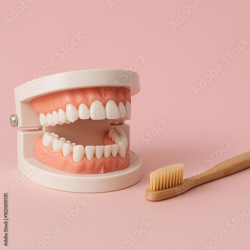 Dental education scene with realistic teeth model and bamboo toothbrush on pastel pink background oral hygiene concept promoting eco friendly dental care