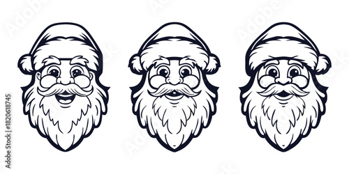 Three black and white illustrations of Santa Claus faces with beards and hats.