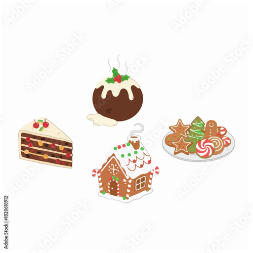 Illustrated Christmas Sweets Collection: Pudding, Gingerbread House, Fruitcake Slice, and Holiday Cookies Isolated on White