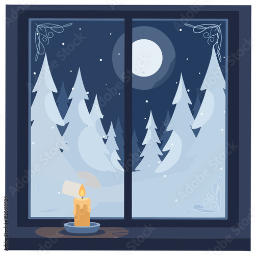 Serene Winter Night Scene: Candle on a Windowsill Overlooking a Snowy Forest