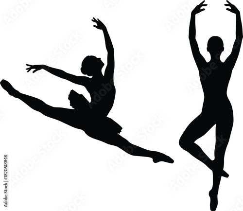 Elegant Ballet Dancer Silhouettes Vector Set: One in a Grand Jeté Leap and One in a Pose with Arms Extended, Representing Classical Dance and Performance Art