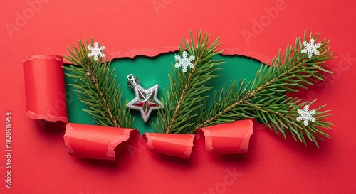 Christmas background with torn red paper revealing a vibrant green space, adorned with fir branches, delicate snowflakes, and a shimmering star ornament