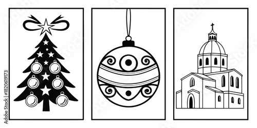 A Christmas tree, an ornament, and a church are depicted in a triptych illustration.