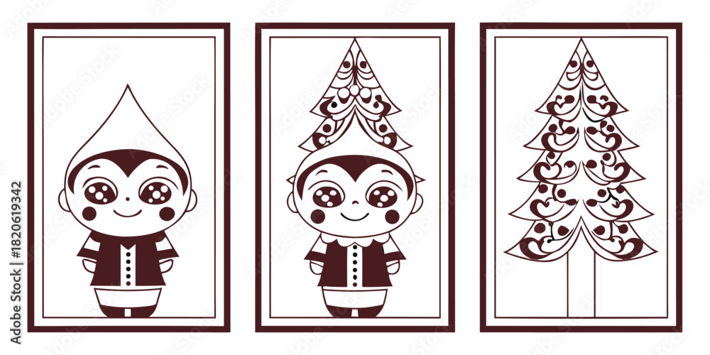 Naklejka premium Three framed illustrations depict a cartoon elf character progressing into a decorated Christmas tree.