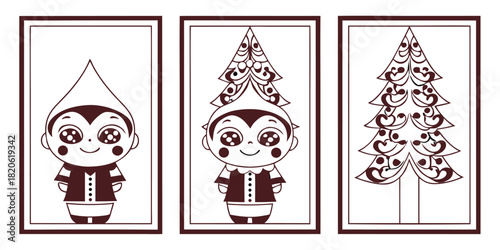 Three framed illustrations depict a cartoon elf character progressing into a decorated Christmas tree.