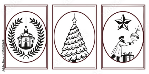 Three decorative framed holiday illustrations depicting religious and festive Christmas themes.