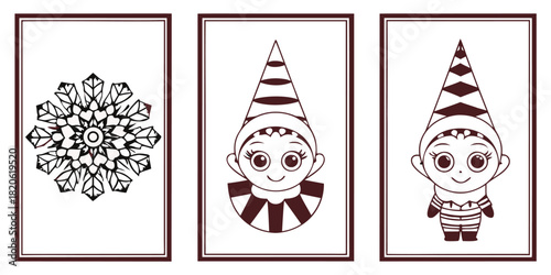 Three framed images feature a snowflake design and two cartoon elves.