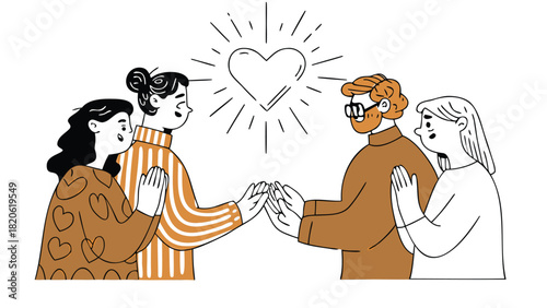 Charming characters tenderly embrace a radiant glowing heart symbolizing love connection and warmth in a vibrant colorful design perfect for emotional themes and celebrations