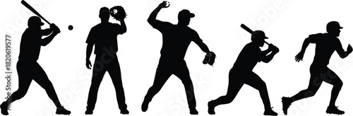 Baseball Player Action Silhouette Vector Set: Hitter, Pitcher, Catcher, and Runner Poses, Ideal for Sport, Game, Team, Athletic, and Competition Graphics