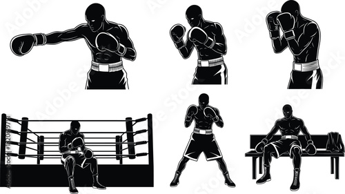 Black Silhouette Vector Set of Boxers in Various Poses: Punching, Defending, Training, Sitting in Corner, and Rest, Ideal for Fighting, Sport, and Competition Graphics