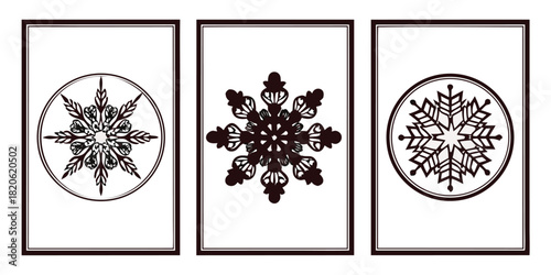 Three framed snowflake designs are displayed in a row on a white background.