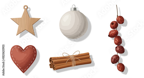 Cozy Christmas decorations for a festive holiday season with star, heart, cinnamon sticks, berries, and a bauble ornament
