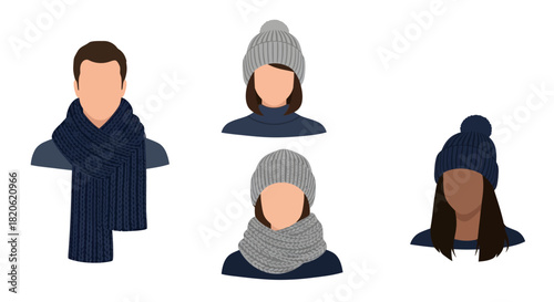 Stay warm this winter with cozy knit hats and scarves for everyone featuring diverse characters against white for commercial use