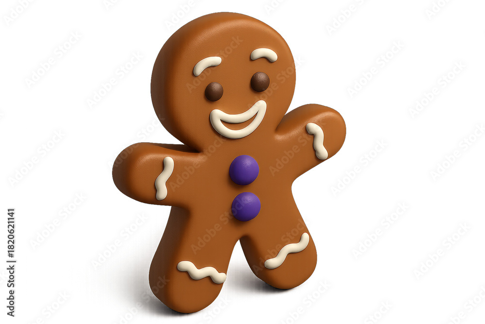 Obraz premium A cheerful gingerbread man cookie character with white icing details and purple buttons smiles happily in a cute, festive, and stylized 3D illustration
