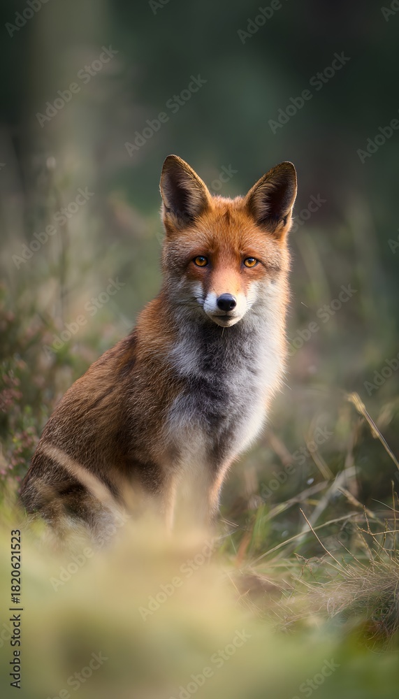 Obraz premium Serene portrait of a wild fox bathed in soft light amidst a peaceful meadow landscape