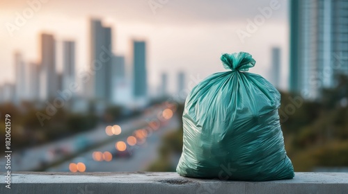 Wallpaper Mural A plastic bag is sitting on a ledge in front of a city skyline Torontodigital.ca