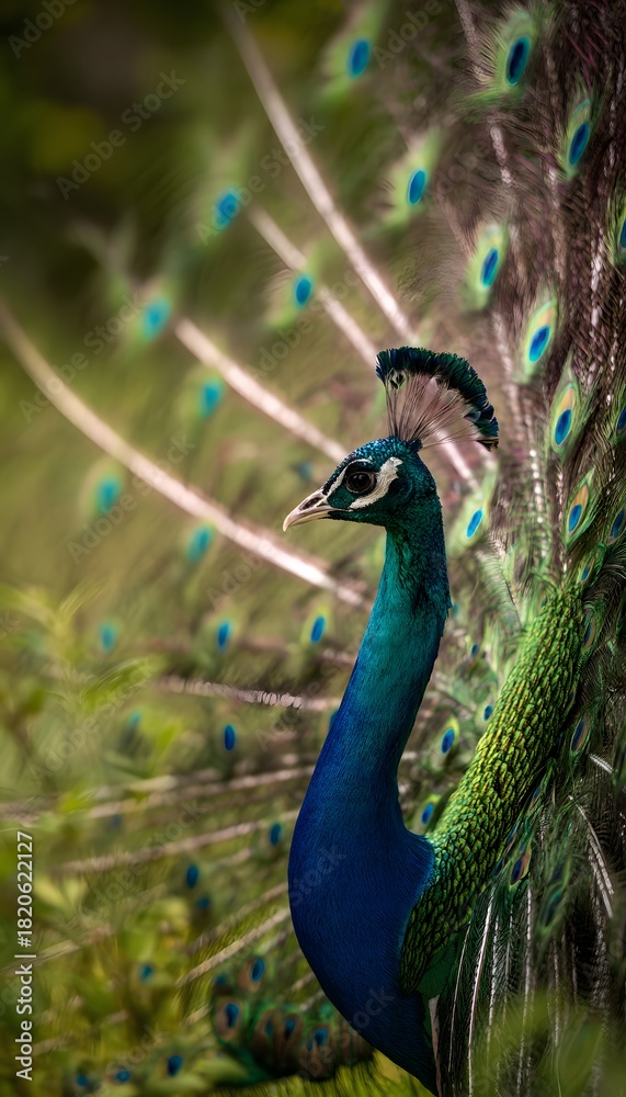 Obraz premium Majestic peacock portrait showcases vibrant feathers and graceful beauty in a serene nature scene
