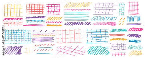 Creative hand-drawn pattern using crayon edges and crayon tones, aligned with neat grid patterns and open grid lines, enriched by raw scrawl movement and layered scrawl accents.