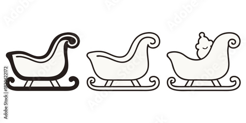 Three cartoon sleds are shown in a row, with one containing a sleeping Santa Claus.