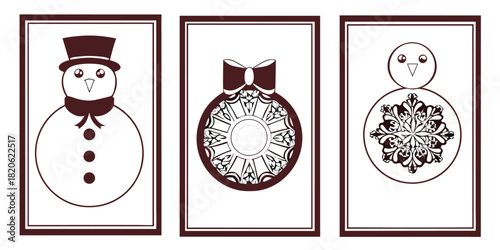 Three framed illustrations of winter holiday motifs including a snowman, Christmas ornament, and a snowflake.