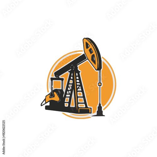 A stylized illustration of an oil pump jack, set against an orange circular background.