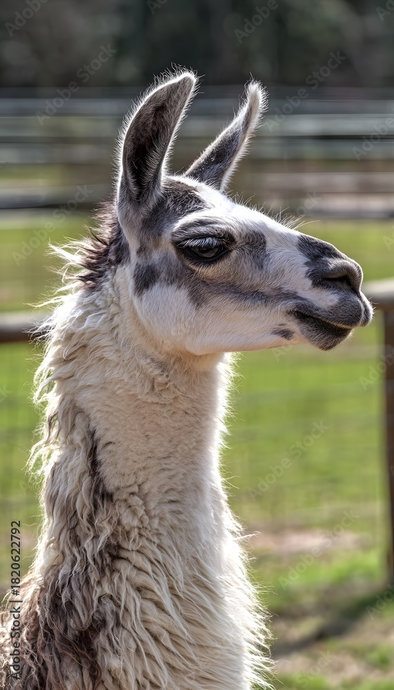 Naklejka premium Gentle llama portrait basking in sunlight a charming farm scene evokes warmth and peaceful rural beauty