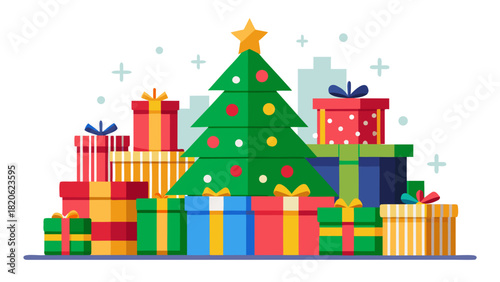 Festive christmas tree surrounded by colorful gift boxes