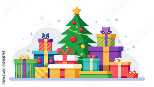 Festive christmas tree surrounded by colorful gift boxes