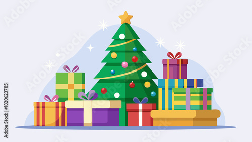 Festive christmas tree surrounded by colorful gift boxes