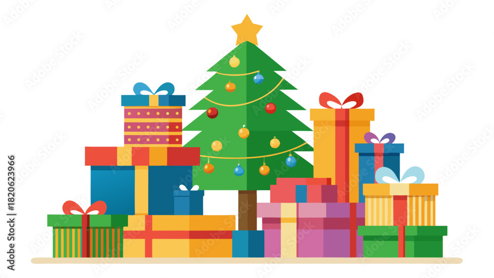Fototapeta premium Festive christmas tree surrounded by colorful gift boxes