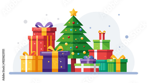 Festive christmas tree surrounded by colorful gift boxes