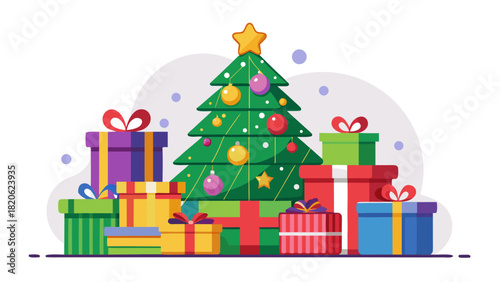 Festive christmas tree surrounded by colorful gift boxes