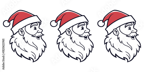 Three cartoon heads of Santa Claus wearing red hats and white beards are shown in profile.