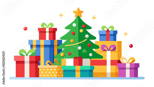 Christmas tree surrounded by colorful gift boxes and decorations
