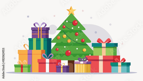 Festive christmas tree surrounded by colorful gift boxes