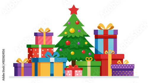 Christmas tree surrounded by colorful gift boxes and presents