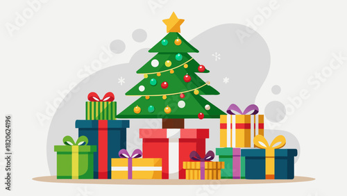 Festive christmas tree surrounded by colorful gift boxes