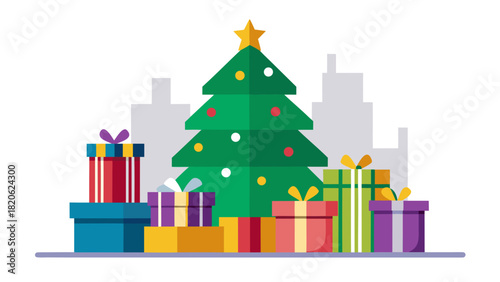 Festive christmas tree surrounded by colorful gifts in a cityscape