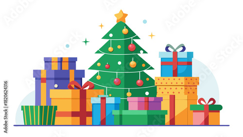 Festive christmas tree surrounded by colorful wrapped presents