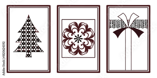 Three framed illustrations of a Christmas tree, a mandala, and a gift box.