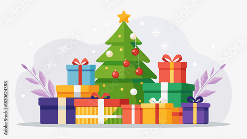 Festive christmas tree surrounded by colorful gift boxes and snowflakes