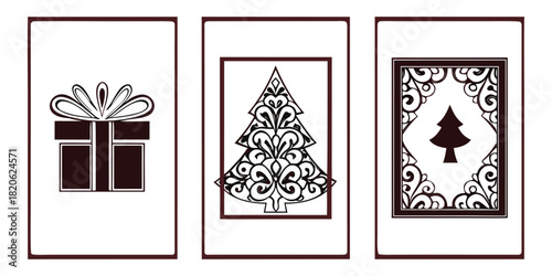 Three decorative festive images feature a gift box and two Christmas trees.