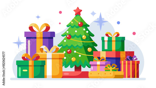 Festive christmas tree surrounded by colorful gift boxes