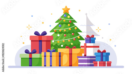 Festive christmas tree surrounded by colorful gift boxes